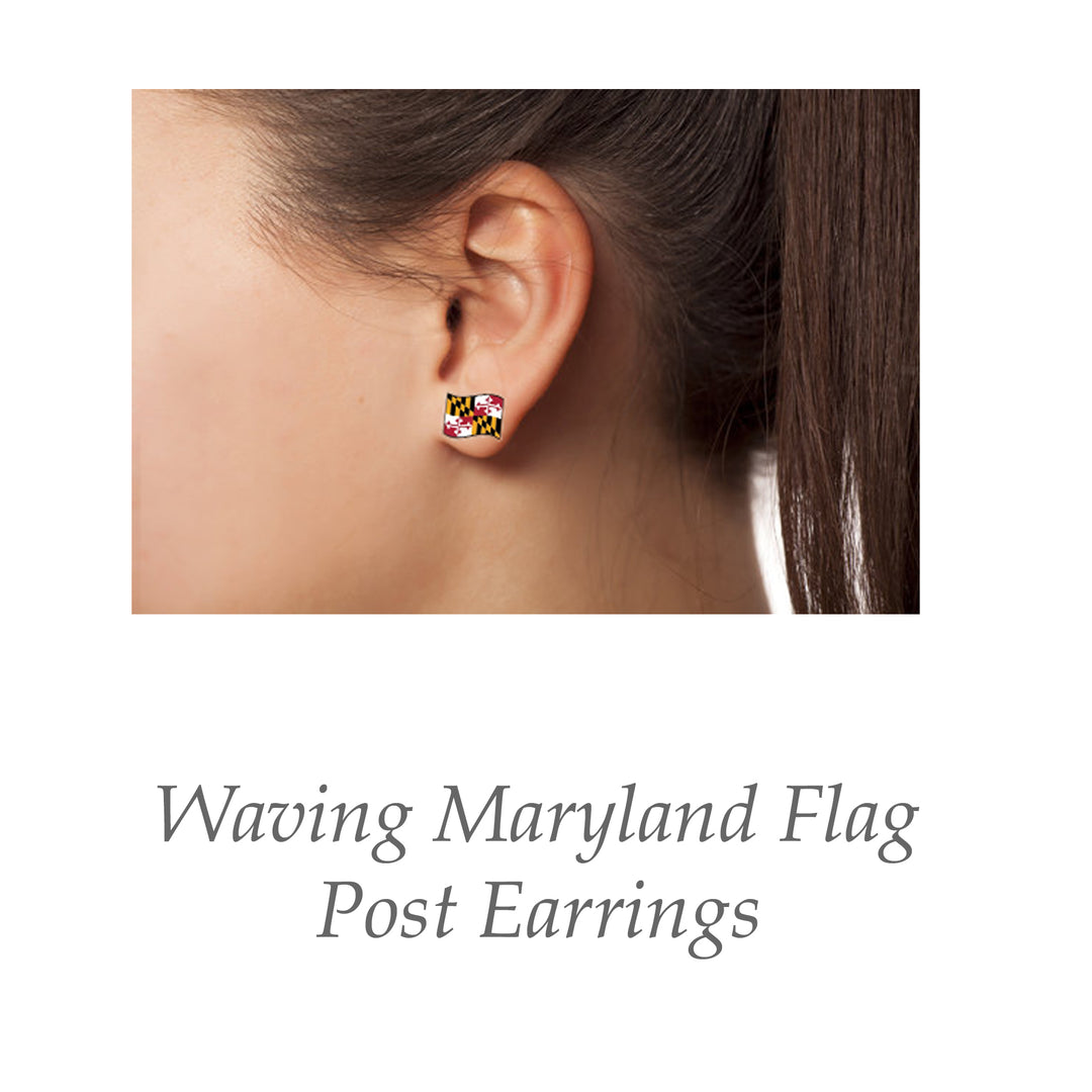Waving Maryland Flag Post Earrings on a model.