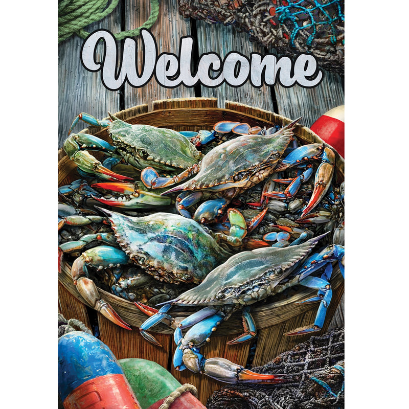 Welcome Natural Blue Crabs and Bushel (Sleeve) Flag