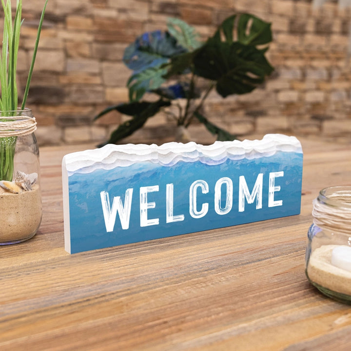 Welcome Waves Tabletop Wood Block Sign Scene