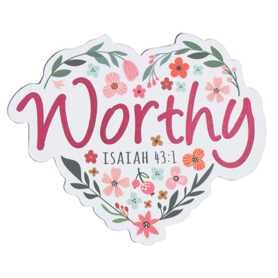 Heart-shaped magnet with 'Worthy Isaiah 43:1' text and floral design on a white background