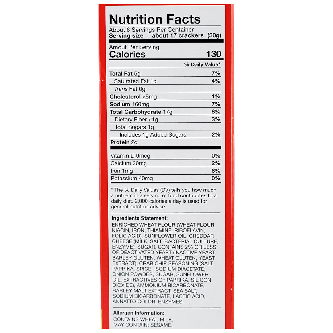 Wye River Crabbers Baked Gourmet Cheddar Cheese Snack &amp; Soup Crackers nutrition facts panel.
