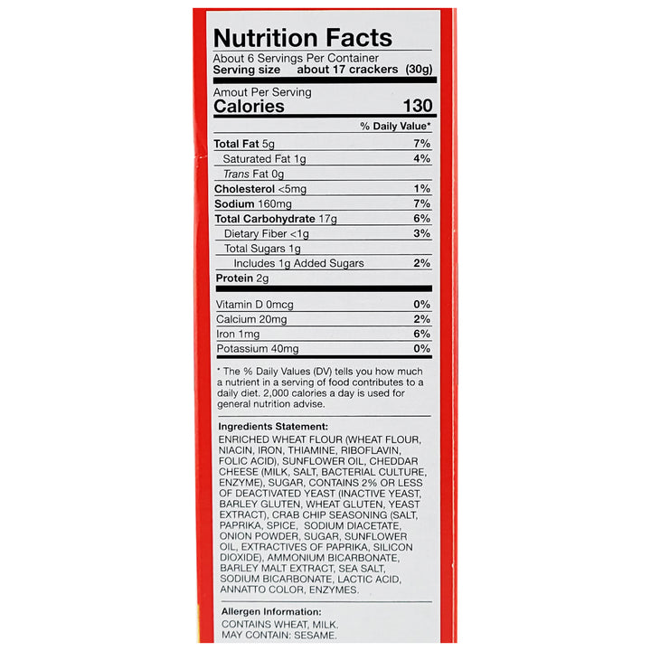 Wye River Crabbers Baked Gourmet Cheddar Cheese Snack &amp; Soup Crackers nutrition facts panel.