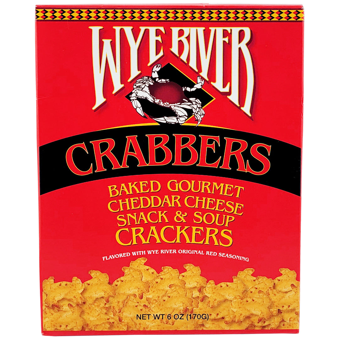 Wye River Crabbers Baked Gourmet Cheddar Cheese Snack &amp; Soup Crackers box, featuring a red background with red and yellow branding and a graphic of cheese-cracker pieces at the bottom.
