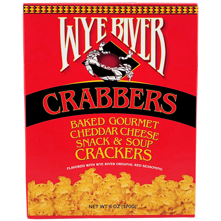 Wye River Crabbers Baked Gourmet Cheddar Cheese Snack &amp; Soup Crackers box, featuring a red background with red and yellow branding and a graphic of cheese-cracker pieces at the bottom.