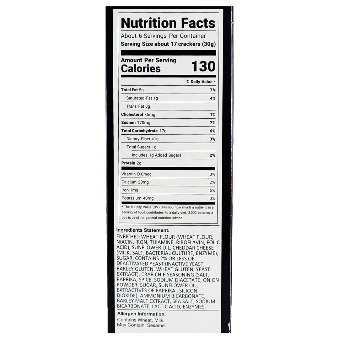 Wye River Crabbers Baked Gourmet White Cheddar Cheese Snack &amp; Soup Crackers nutrition facts panel.