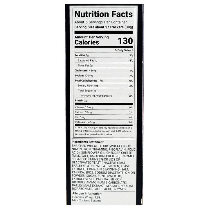 Wye River Crabbers Baked Gourmet White Cheddar Cheese Snack &amp; Soup Crackers nutrition facts panel.