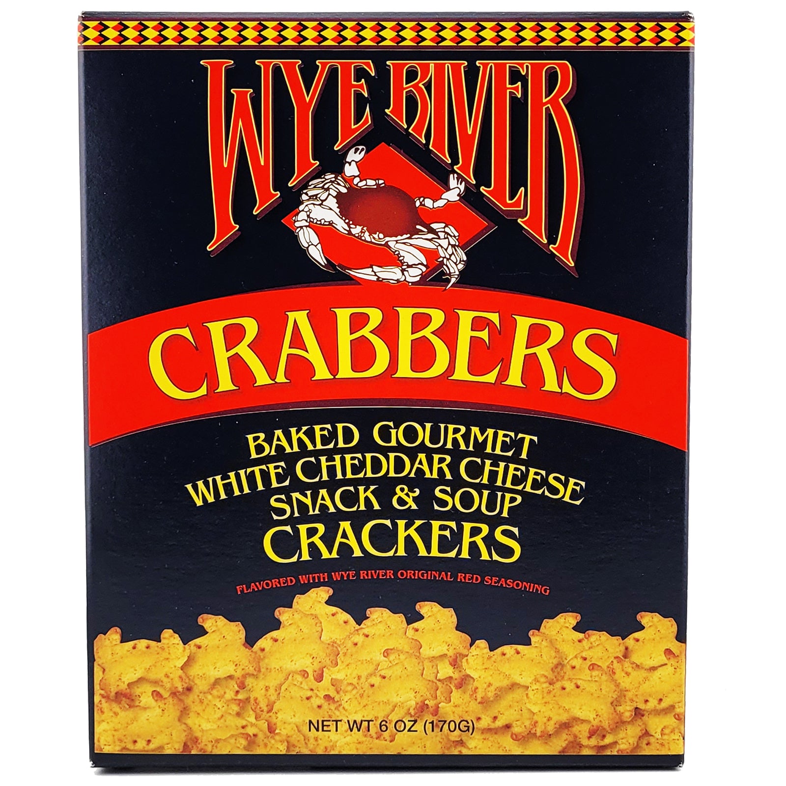 Wye River Crabbers Baked Gourmet White Cheddar Cheese Snack & Soup Crackers box, featuring a black background with red and yellow branding and a graphic of cheese-cracker pieces at the bottom.
