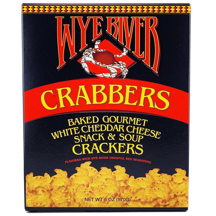 Wye River Crabbers Baked Gourmet White Cheddar Cheese Snack &amp; Soup Crackers box, featuring a black background with red and yellow branding and a graphic of cheese-cracker pieces at the bottom.
