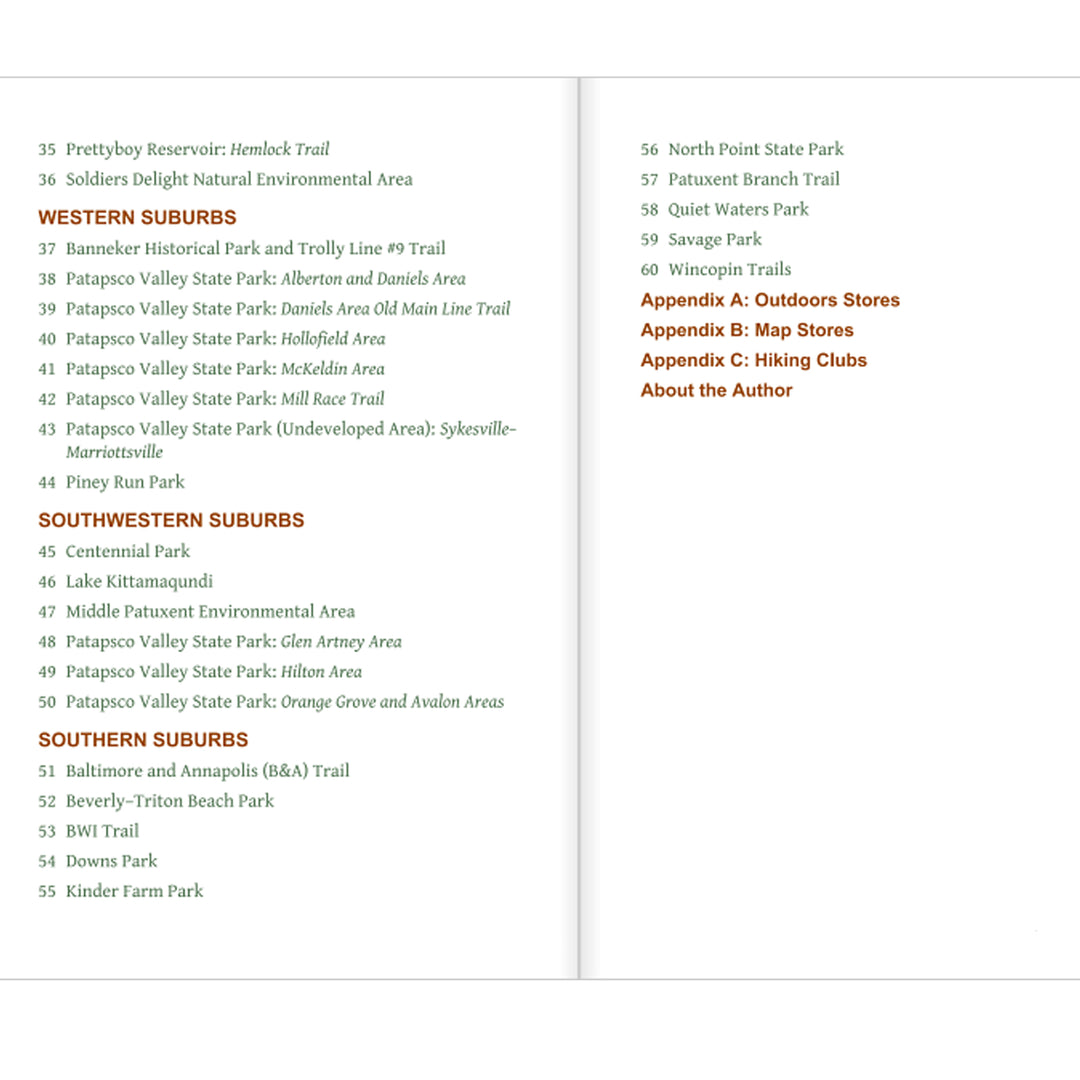Baltimore 60 Hikes Within 60 Miles Book - Table Of Contents