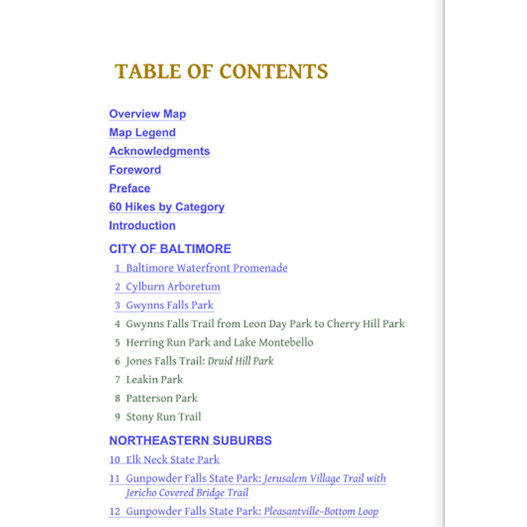 Baltimore 60 Hikes Within 60 Miles Book - Table Of Contents