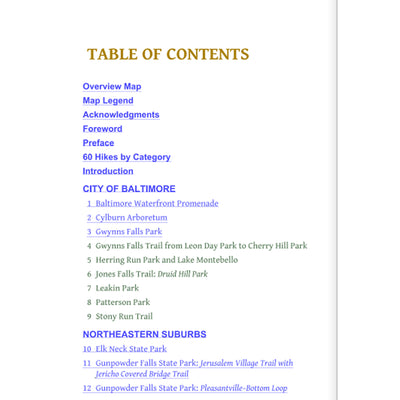 Baltimore 60 Hikes Within 60 Miles Book - Table Of Contents