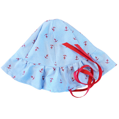 Baby Sun Hat - Red Anchors on Blue Gingham