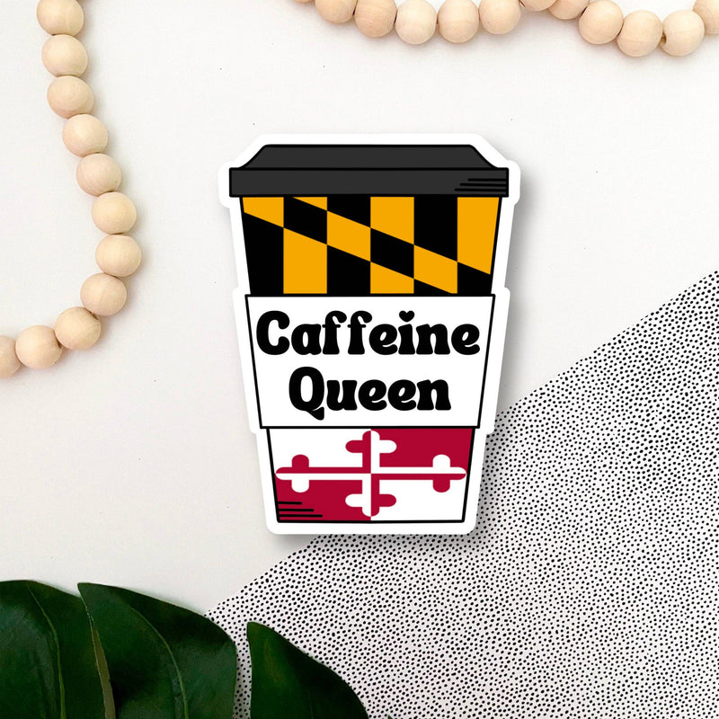 Caffeine Queen Maryland Flag Cup Vinyl Sticker (scene)
