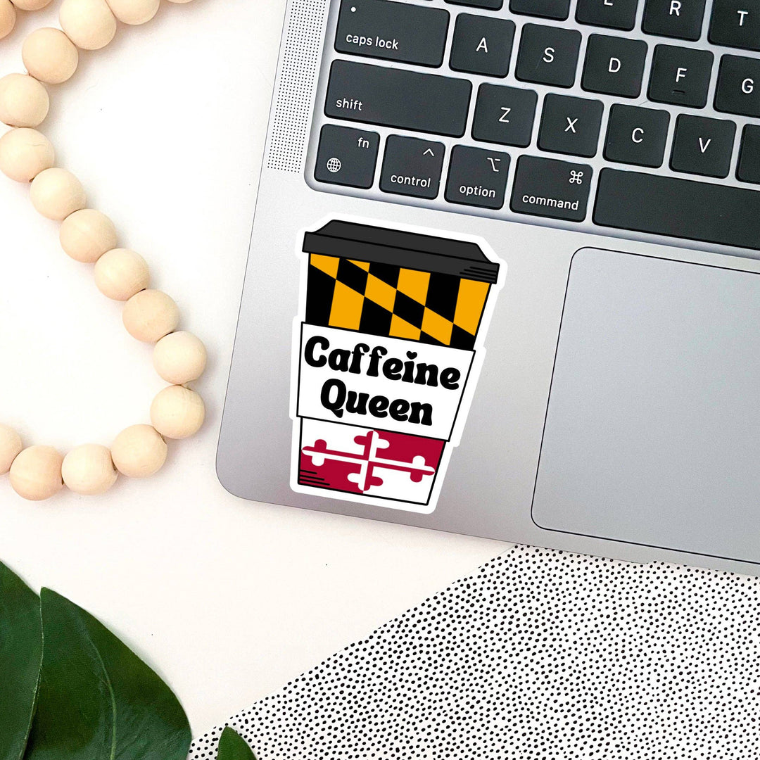 Caffeine Queen Maryland Flag Cup Vinyl Sticker (scene)