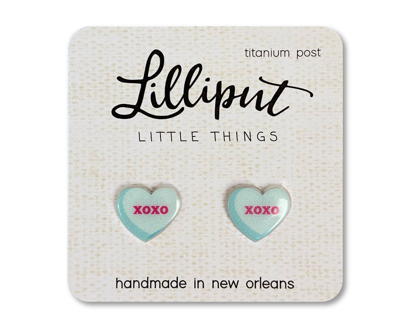 XOXO Blue Candy Heart Valentine Lilliput Earrings
