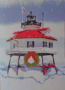 Snowy Maryland Lighthouse & Wreath Holiday Card