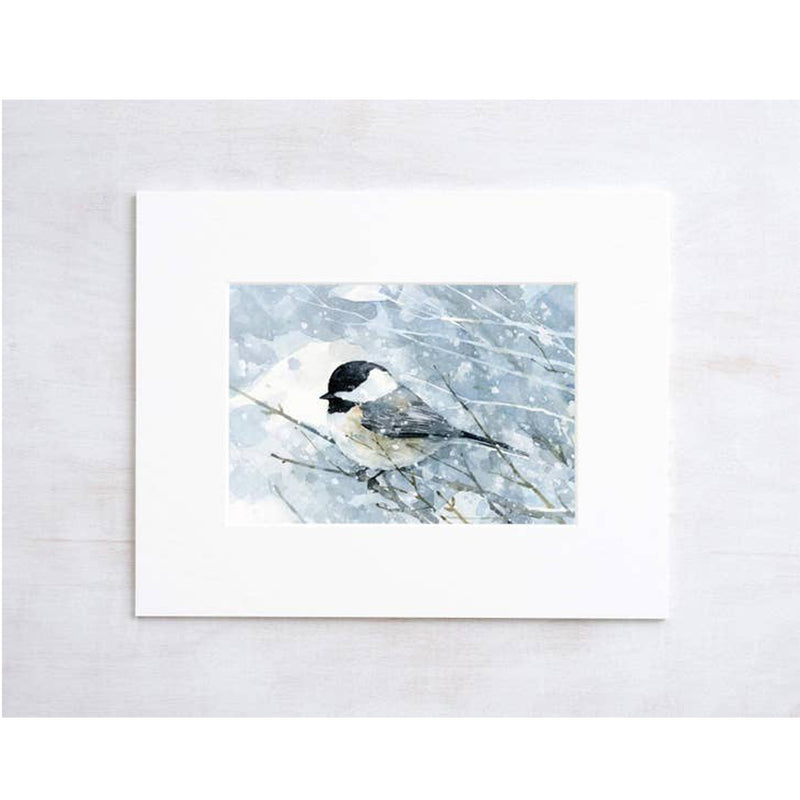 Chickadee In Snow Watercolor Art Print - Matted