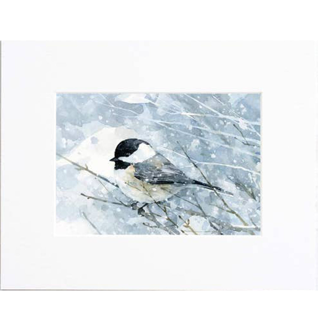 Chickadee In Snow Watercolor Art Print - Matted
