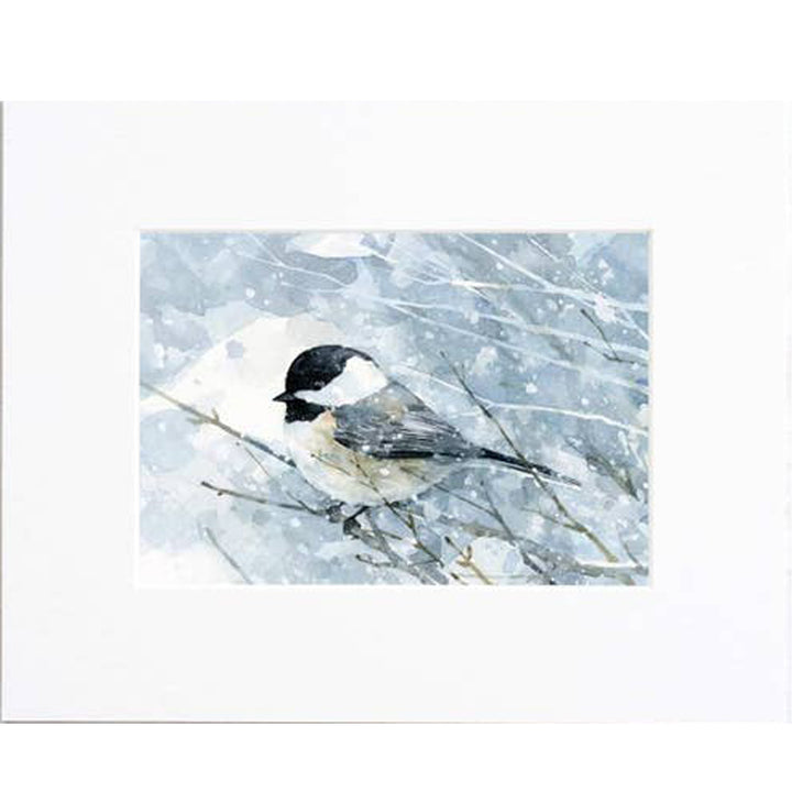 Chickadee In Snow Watercolor Art Print - Matted