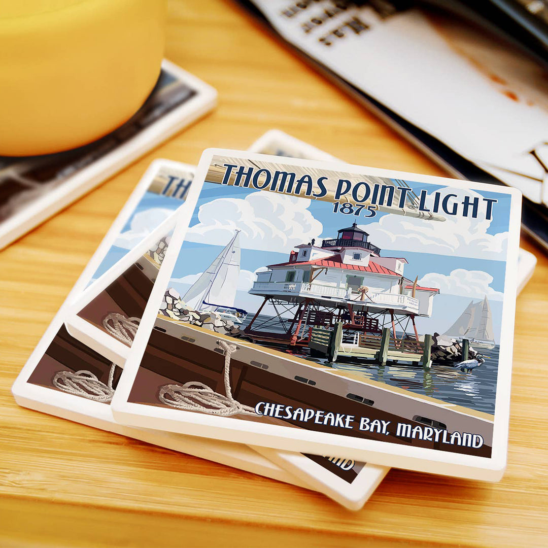 Thomas Point Light Coaster Ceramic Square Scene