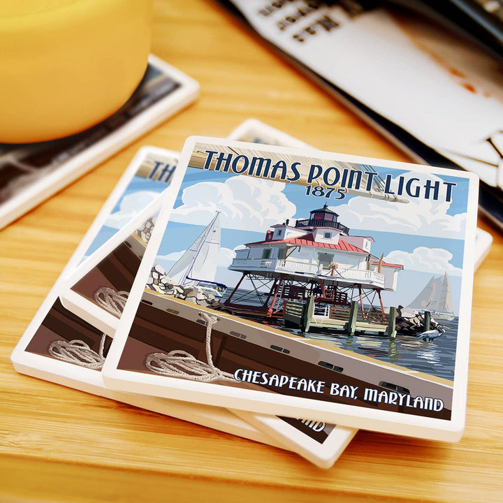 Thomas Point Light Coaster Ceramic Square Scene