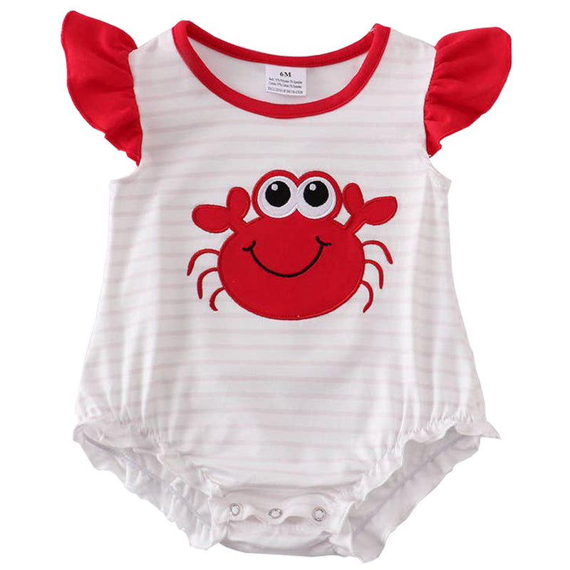 Crab Applique White Stripe Ruffle Baby Romper