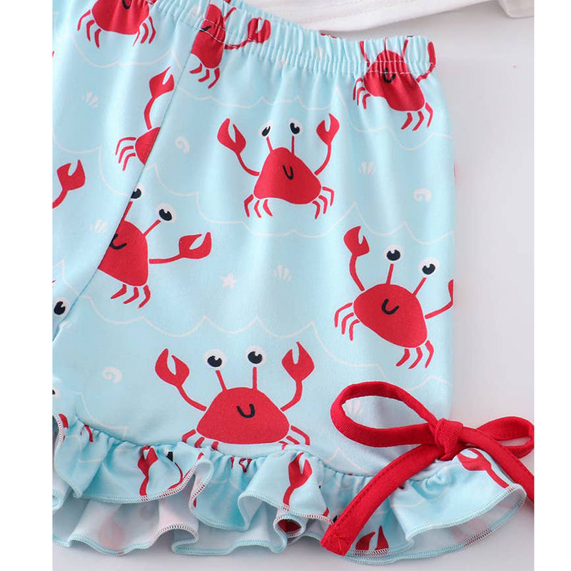 Crab Applique White Stripe Girls Ruffle Short Set (shorts)