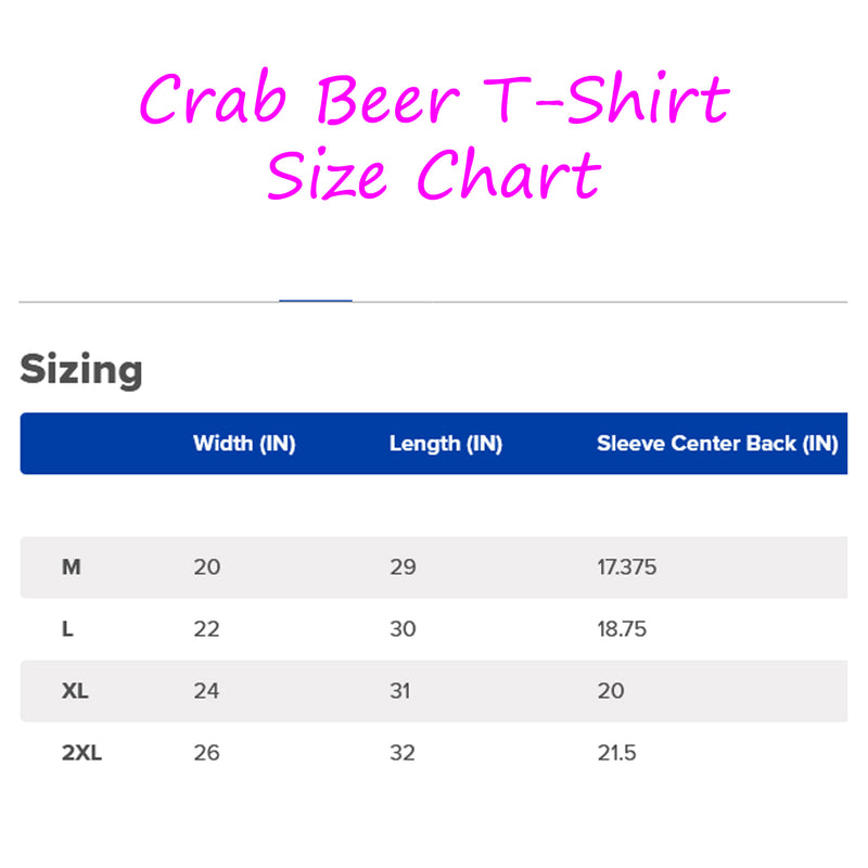 Crab Beer Chesapeake Bay Blue T-Shirt Size Chart