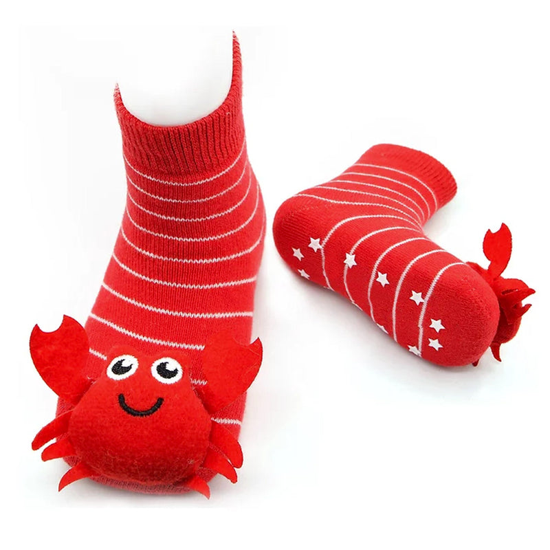 Red with white stripes crab rattle toes baby socks