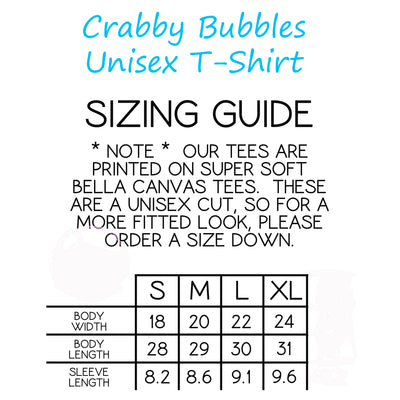 Crabby Bubbles Sky Blue T-Shirt Size Guide