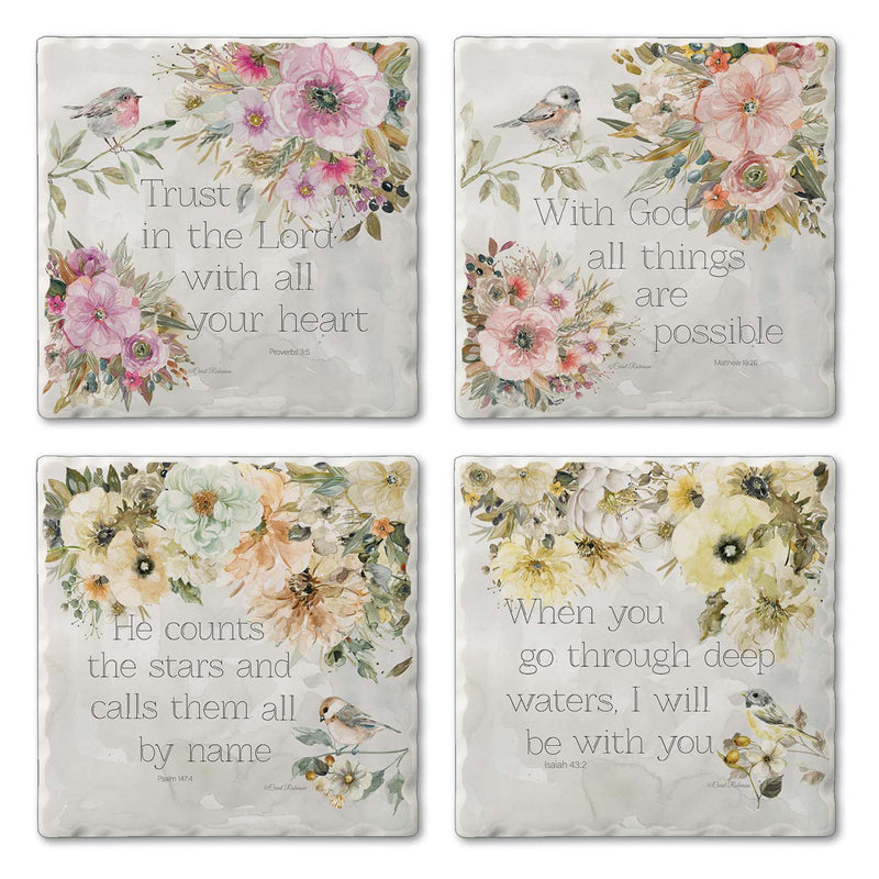 Floral Scriptures Set of 4 Absorbent Stone Drink Coasters