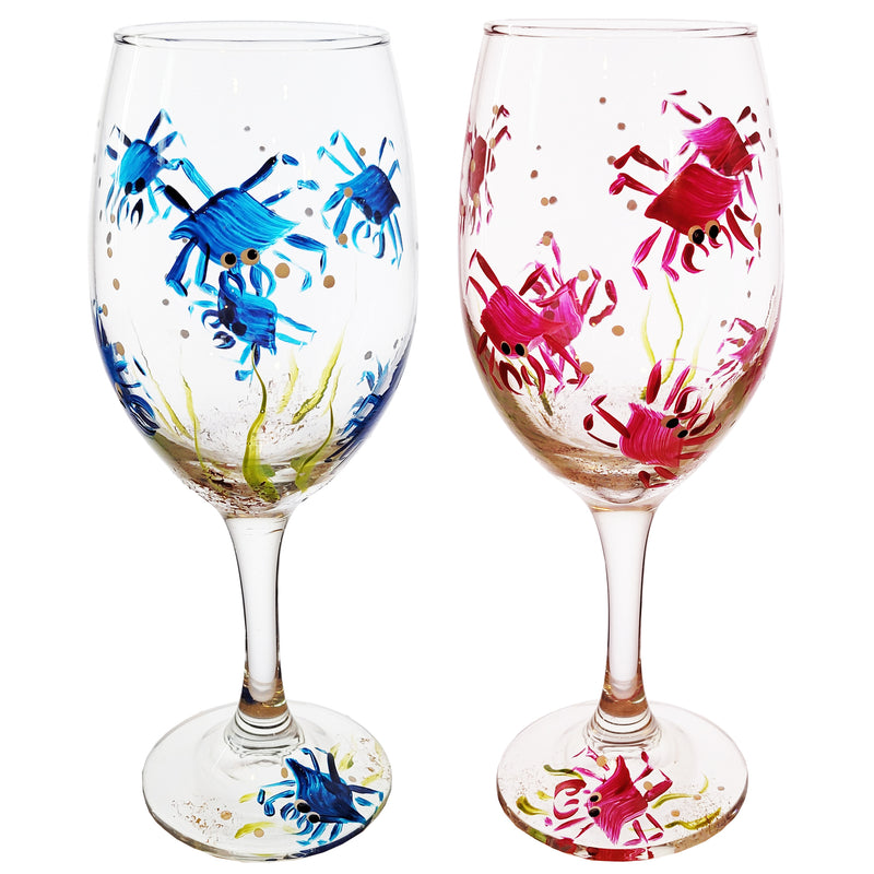 Crab Hand Painted Stemmed Wine Glass - Blue or Red