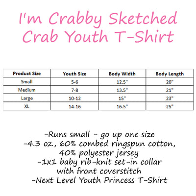 I'm Crabby Sketched Crab Youth T-Shirt - Size Chart