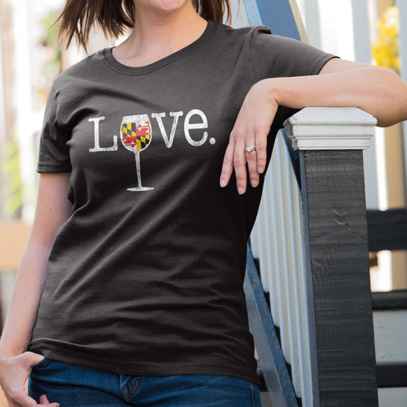Love Maryland Flag Wine Glass Ladies T-Shirt Model