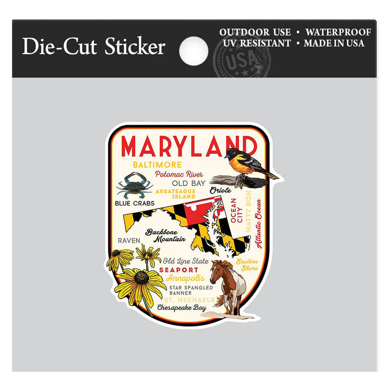 Maryland Icons Collage Shield Die-Cut Sticker Packaging