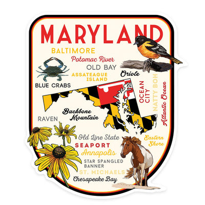 Maryland Icons Collage Shield Die-Cut Sticker