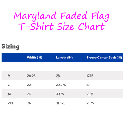 Faded Maryland Flag Navy Blue T-Shirt Size Chart