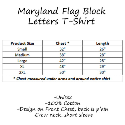 Maryland Flag Block Letters Black T-Shirt Size Chart