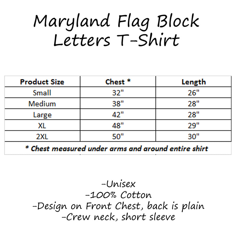Maryland Flag Block Letters Black T-Shirt Size Chart