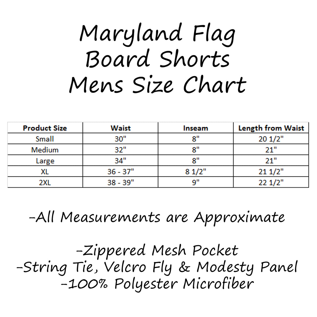 Maryland Flag Board Shorts Size Chart