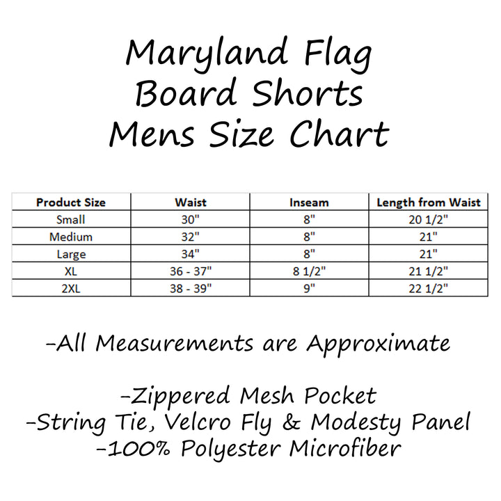 Maryland Flag Board Shorts Size Chart