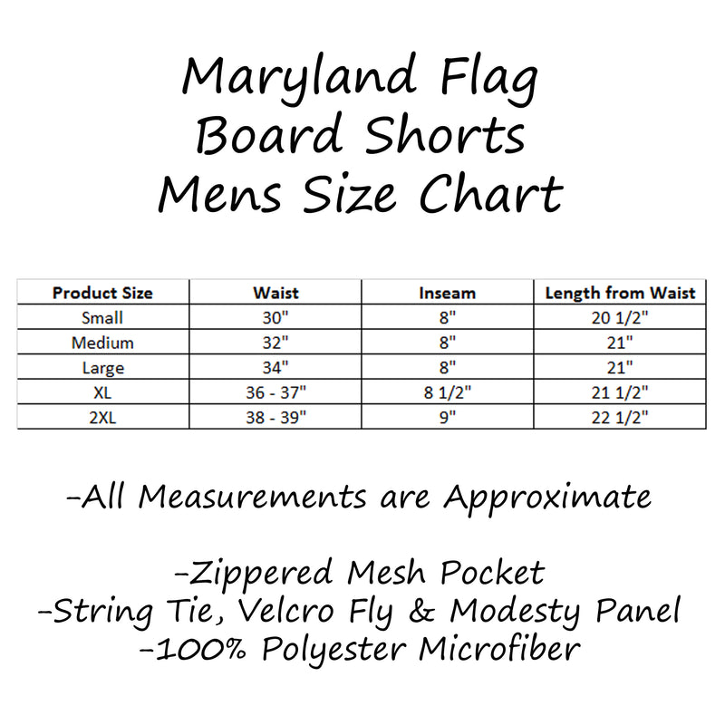 Maryland Flag Board Shorts Size Chart