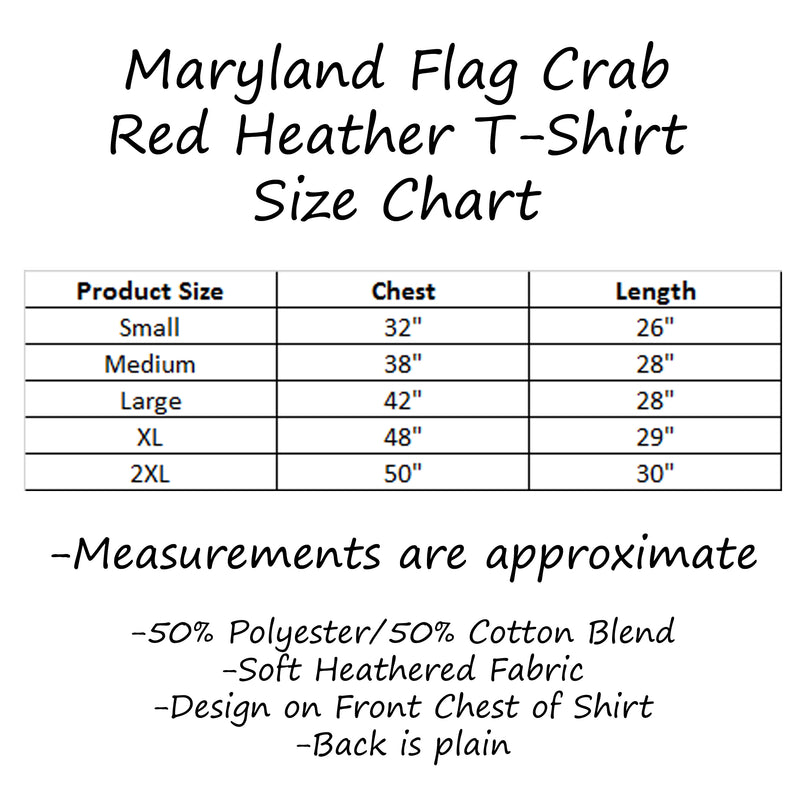 Maryland Flag Crab Red Heather T-Shirt Size Chart
