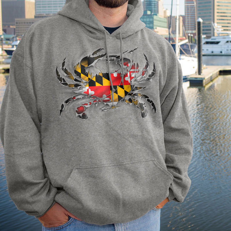 Maryland Flag Ripped Crab Hoodie Sweatshirt Model