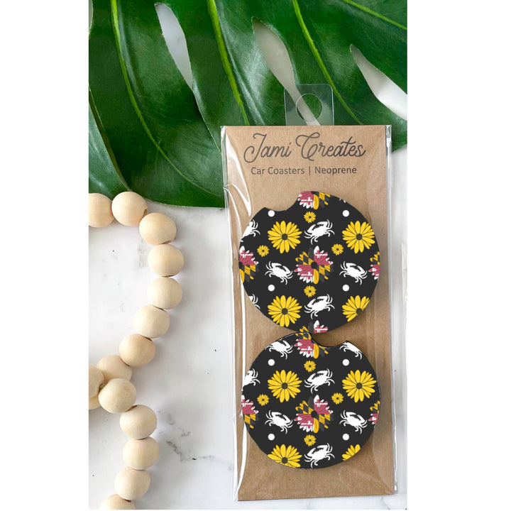 Maryland Flower &amp; Crab Black Car Coasters Set of 2 (packaging)