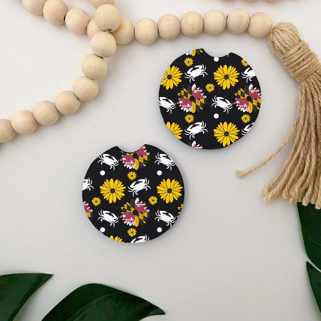 Maryland Flower &amp; Crab Black Car Coasters Set of 2 (scene)