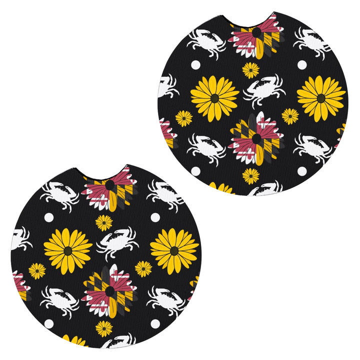 Maryland Flower &amp; Crab Black Car Coasters Set of 2