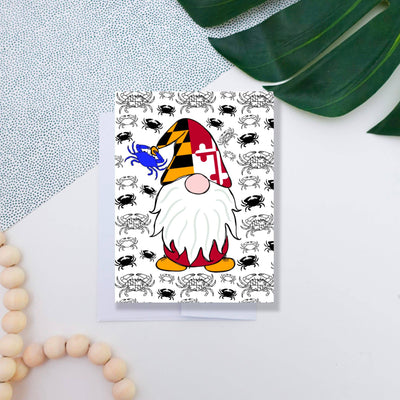 Maryland Flag Gnome on Crabs Background Greeting Card Scene