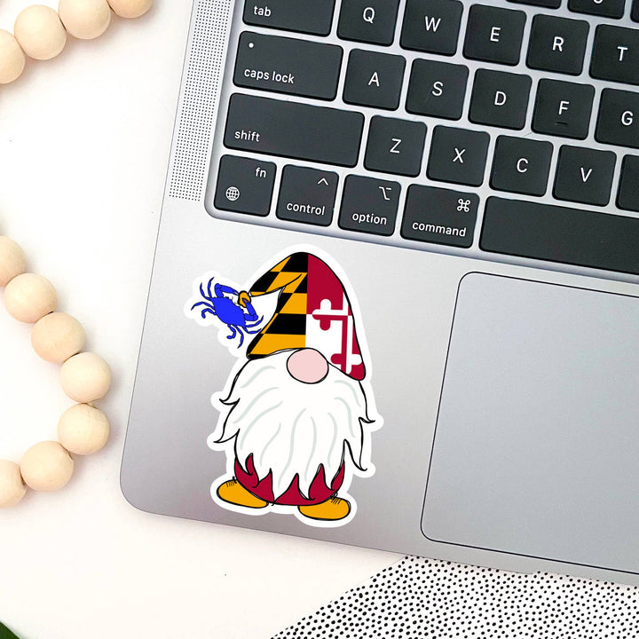 Maryland Flag Gnome Vinyl Sticker on Computer
