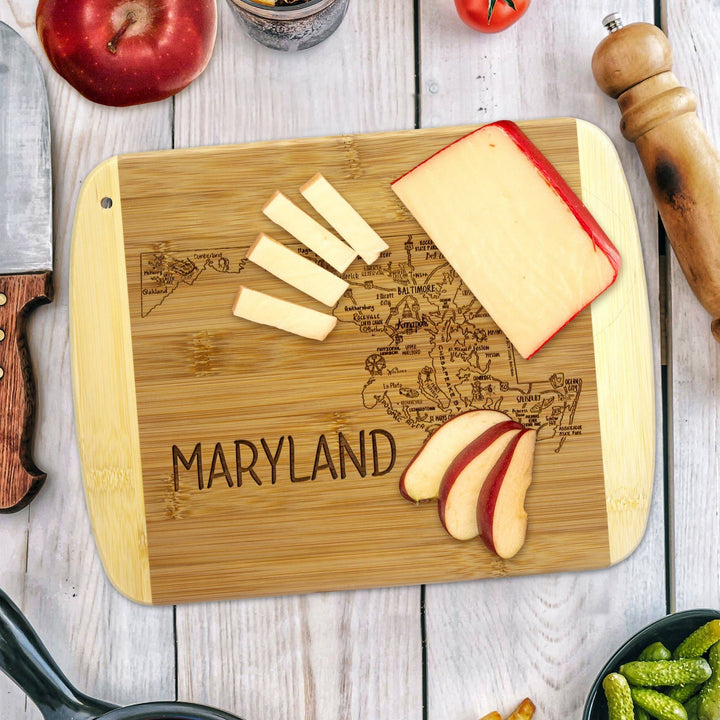 Maryland Map Bamboo Cutting Board Display